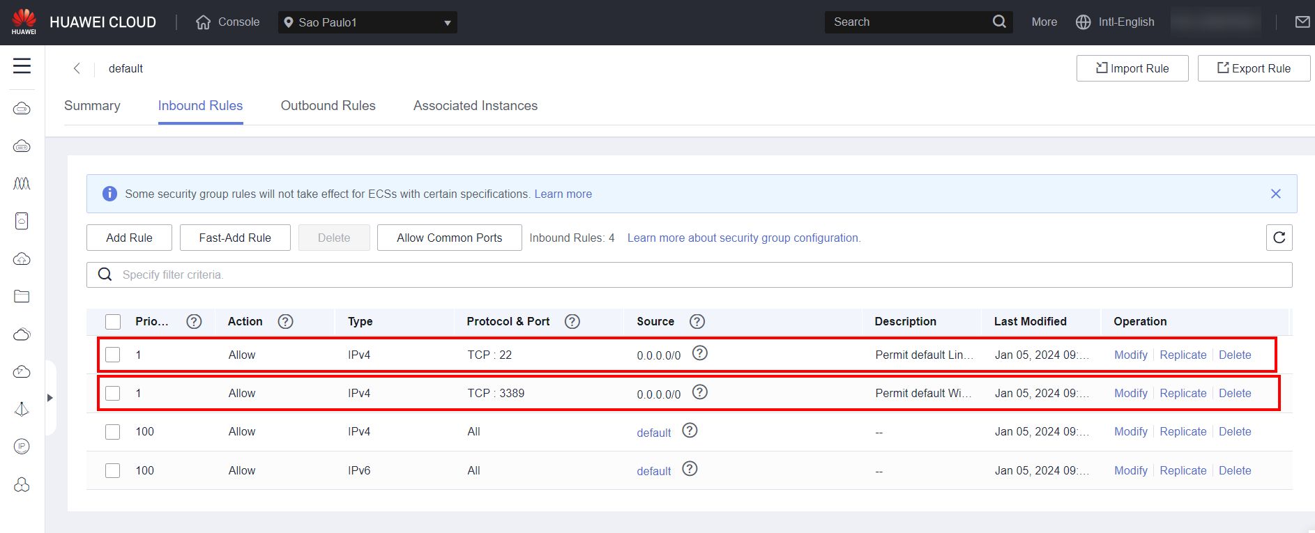 Rules in the security group for remote access